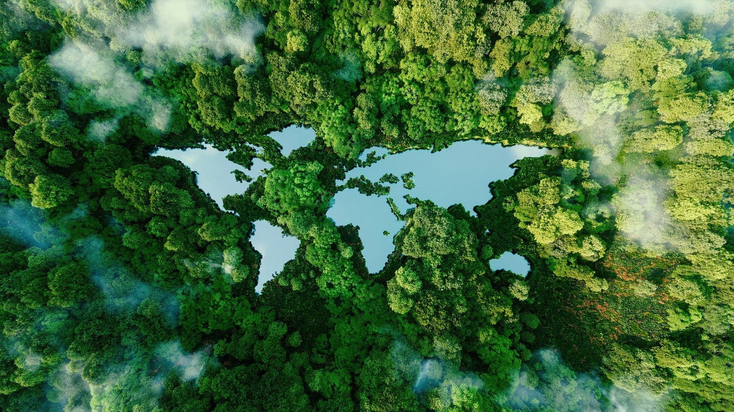 Birds eye view of water in the shape of a world map surrounded by green trees