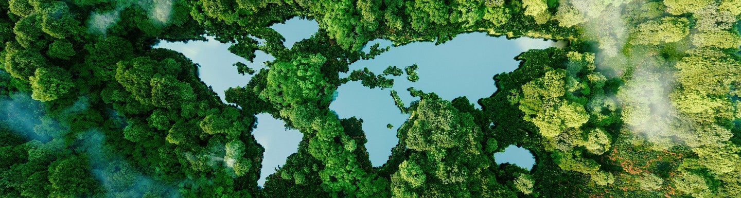 Birds eye view of water in the shape of a world map surrounded by green trees