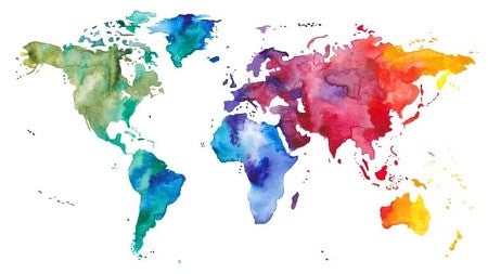 water color image of the world map in various colors